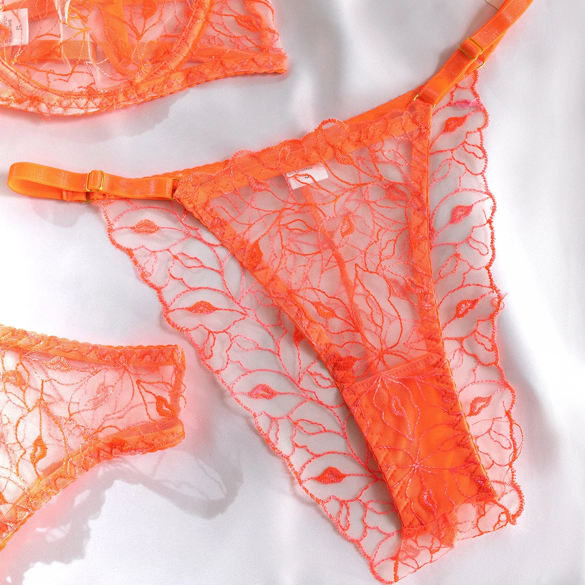 Krasapt Sexy Orange Transparent Lips Embroidery 3pcs Fancy Woman Bra And Panty Underwear Set With Leg Rings Erotic Lingerie Sets