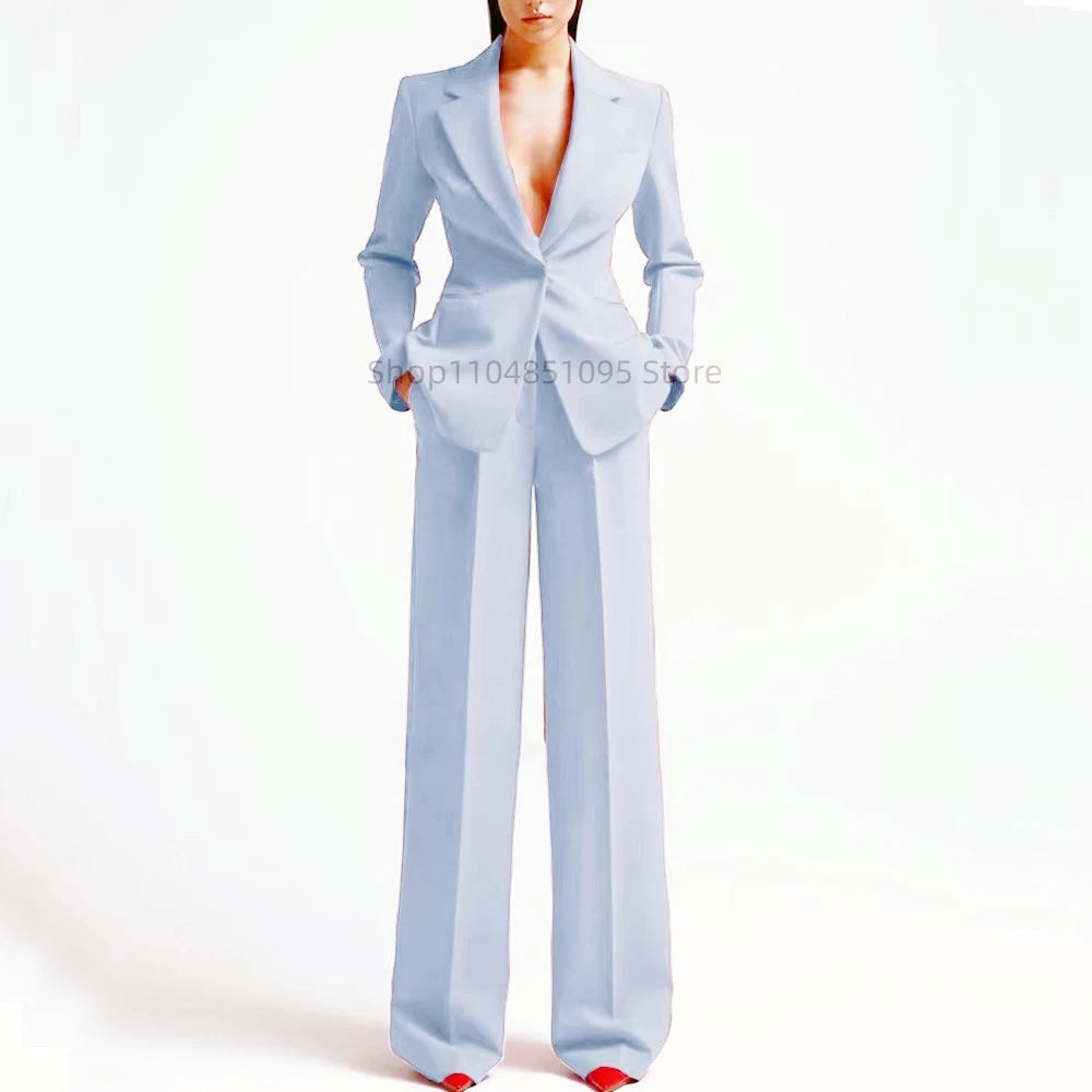 Elegant Solid Women's 2 Piece Suit Lady Business Office Suits Slim Fit One Button Jacket Women Tuxedo Casual Suits(Blazer+Pants)