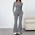Women's Tight Fitness Yoga Outfit Set with Long Sleeves And Zipper Autumn Winter Sports Jacket And Bell Bottom Pants