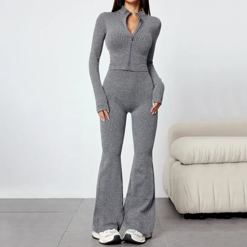 Women's Tight Fitness Yoga Outfit Set with Long Sleeves And Zipper Autumn Winter Sports Jacket And Bell Bottom Pants