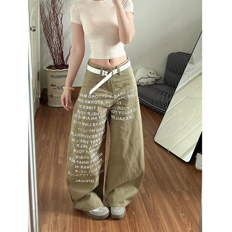 Women's Y2k Baggy Khaki Jeans Aesthetic 2000s Style Boyfriend Jean Pants Vintage Harajuku Letter Print Denim Trousers Clothes