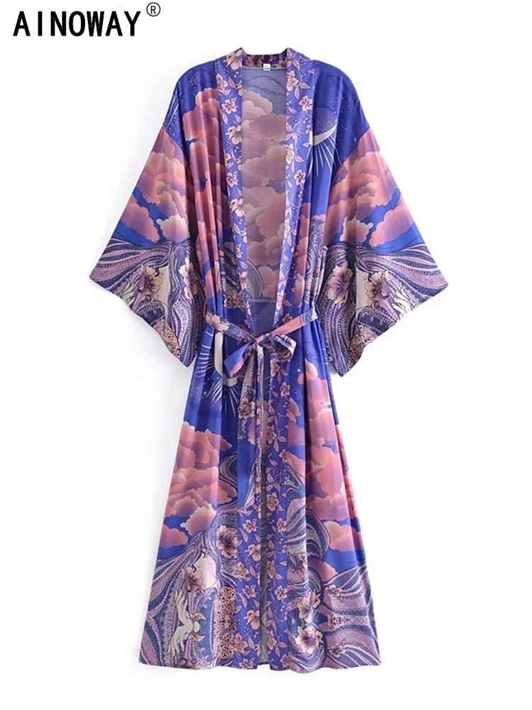 Vintage Chic Women Star and Moon Floral Print Bat Sleeve Beach Bohemian Kimono Dress Robe Ladies Summer Boho Bikini Cover-ups