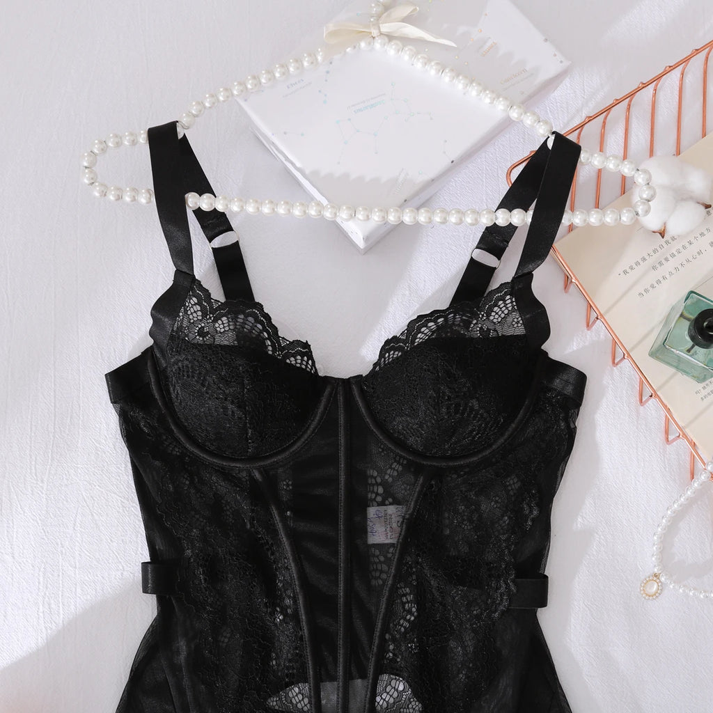 Cross border 2025 gathering body shaping one-piece fishbone lace see through lace sexy lingerie two-piece set
