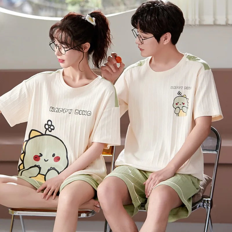 Couples Home Suit Women's Sleepwear Suit Man's Pajamas Set Cotton Short Sleeves Sleep Tops Shorts Pyjamas Nightwear Mujer Homme