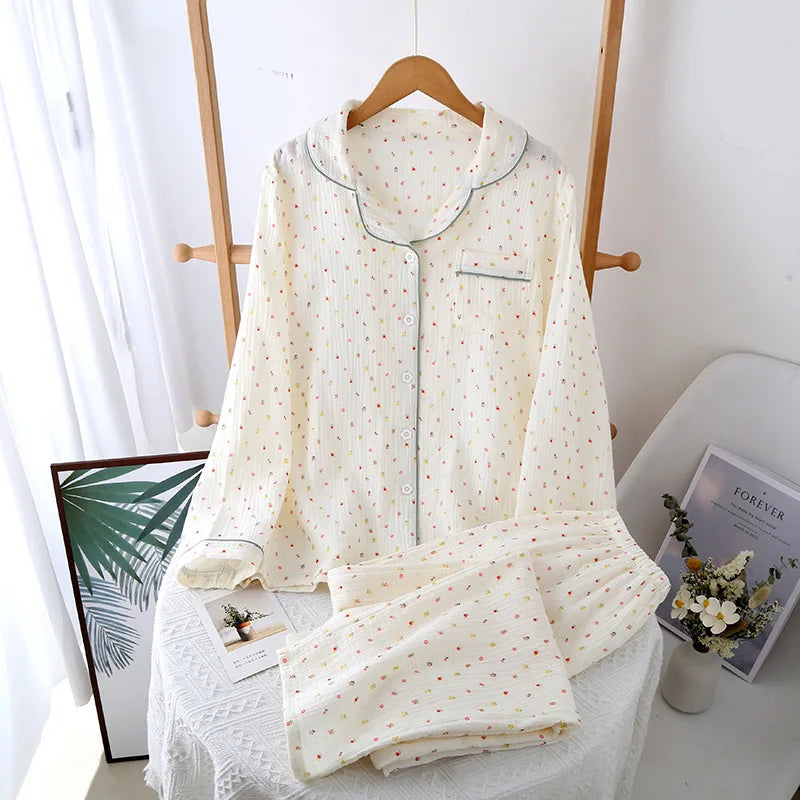 Summer women's 2-piece set of 100% pure cotton women's sleepwear bedroom set long sleeved+long pants women's sleepwear