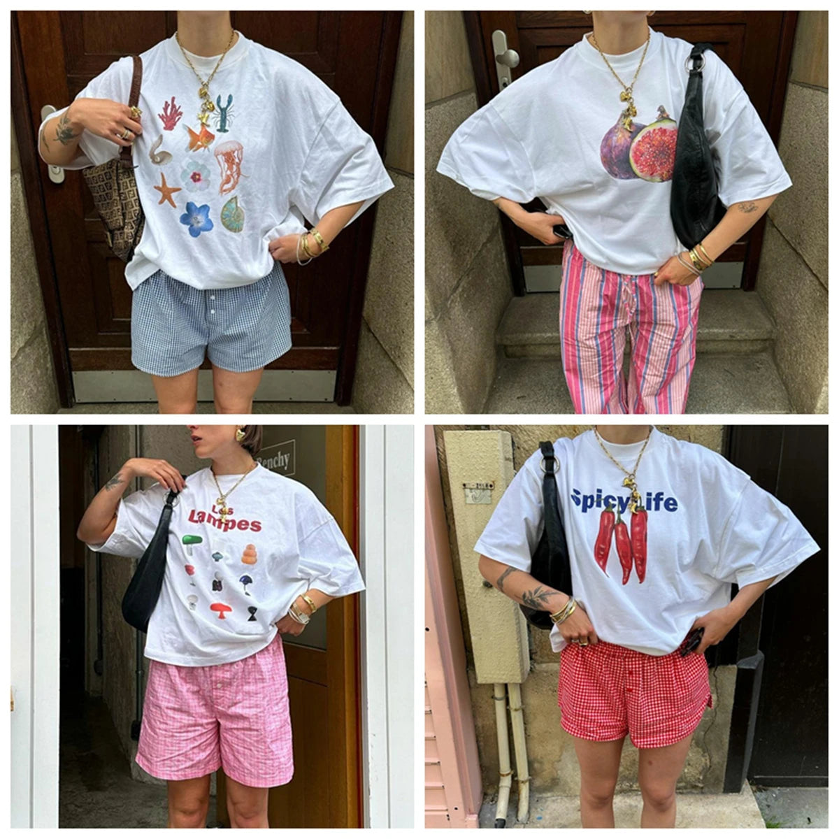Women's Summer Basic Y2K T-Shirt Chili/ Fig/ Ocean/ Lamp Print Casual Short Sleeve Tops for Streetwear Aesthetic Clothes