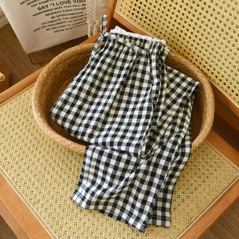 2026 new women's sleepwear 100% cotton gauze lace checkered pants Japanese minimalist home pants bottoms womens sleepwear