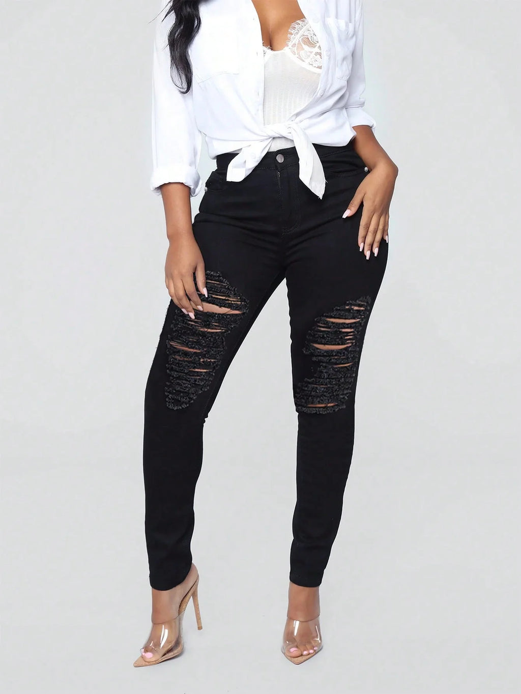 Women Slim-Fit Stretchy Ripped Jeans Button Zipper Pockets Stylish Casual Comfortable Denim Pants-Solid Color Black