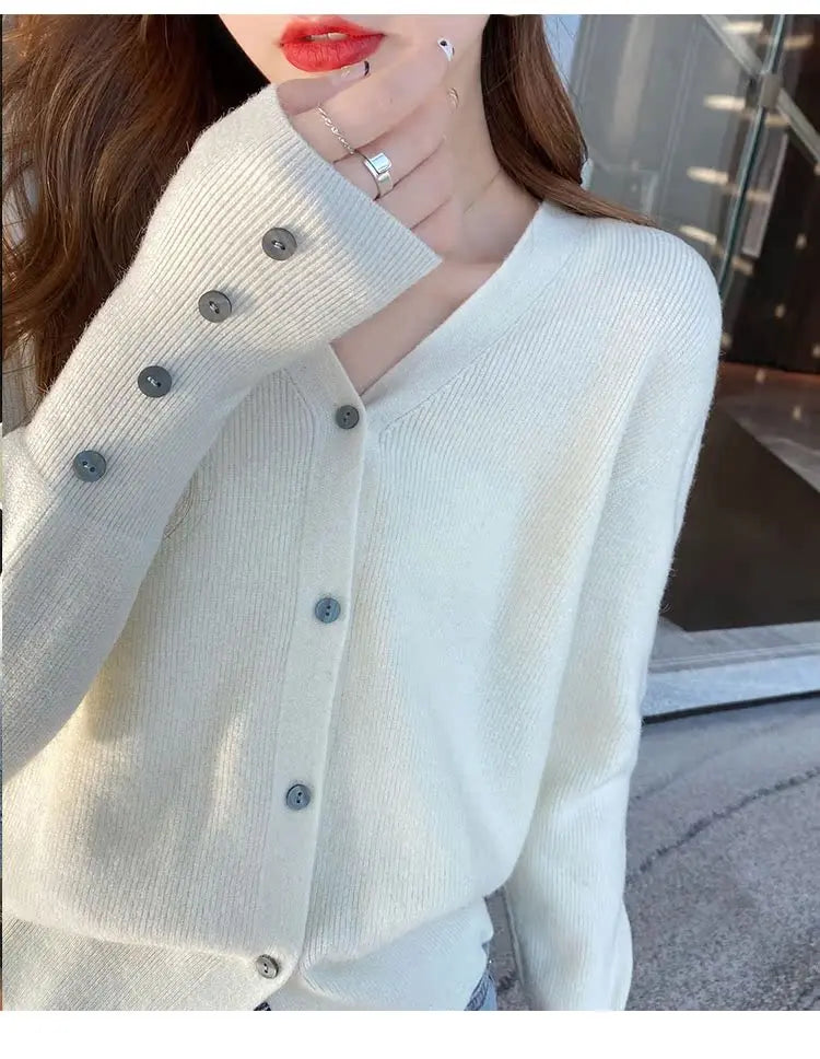2025 Autumn And Winter Casual Sweater V Neck Women Korean Fashion Tops Long Sleeve Solid Basic Knitted Cardigan Female
