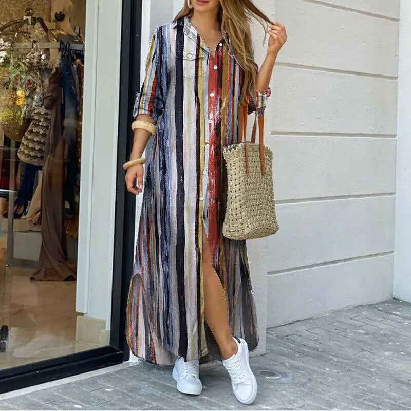 Camouflage Leopard Letters Floral Printed Dresses for Women 2025 Buttons Long Sleeve Loose Split Casual Solid Maxi Dress Robe