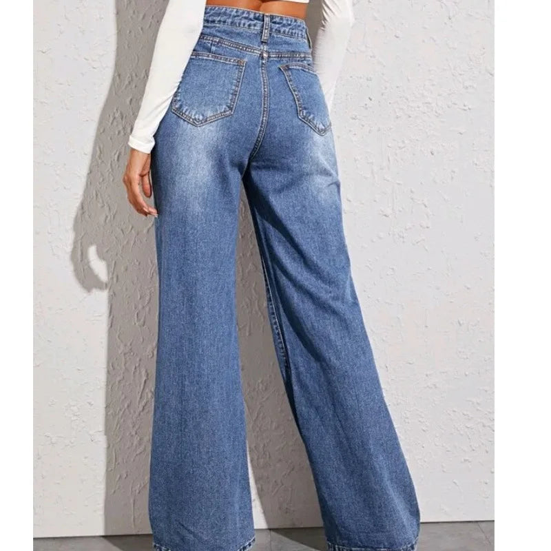 Blue Jeans for Women Wide Leg Pants Straight Long Pant Denim Trousers High Waist Y2k Loose Elegant Trouser Autumn Spring 2025