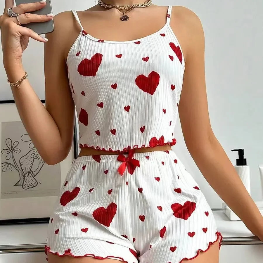 Casual Love Printing Women's Pajamas Set Sleepwear 2 PCS Short Tank Tops and Shorts White Ventilate Soft Homewear Nightwear