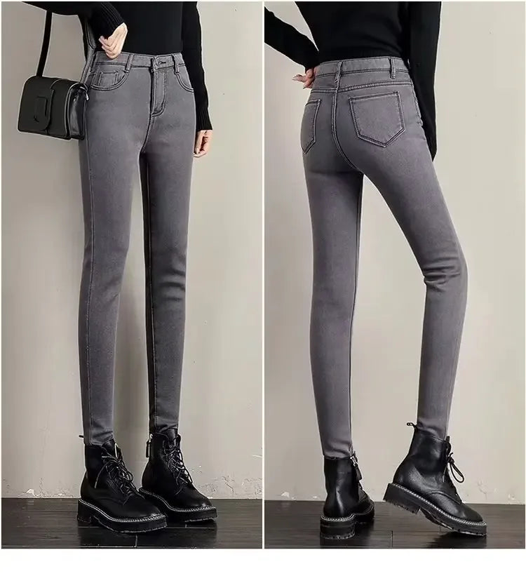 High Waist Fleece Lined Skinny Jeans Women's Autumn Winter New Style Pure Color Slimming Tight Fit Ankle Length Pants