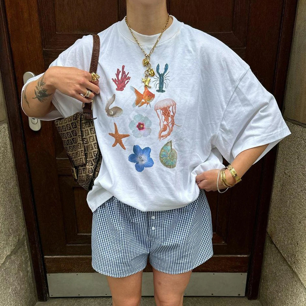 Women's Summer Basic Y2K T-Shirt Chili/ Fig/ Ocean/ Lamp Print Casual Short Sleeve Tops for Streetwear Aesthetic Clothes