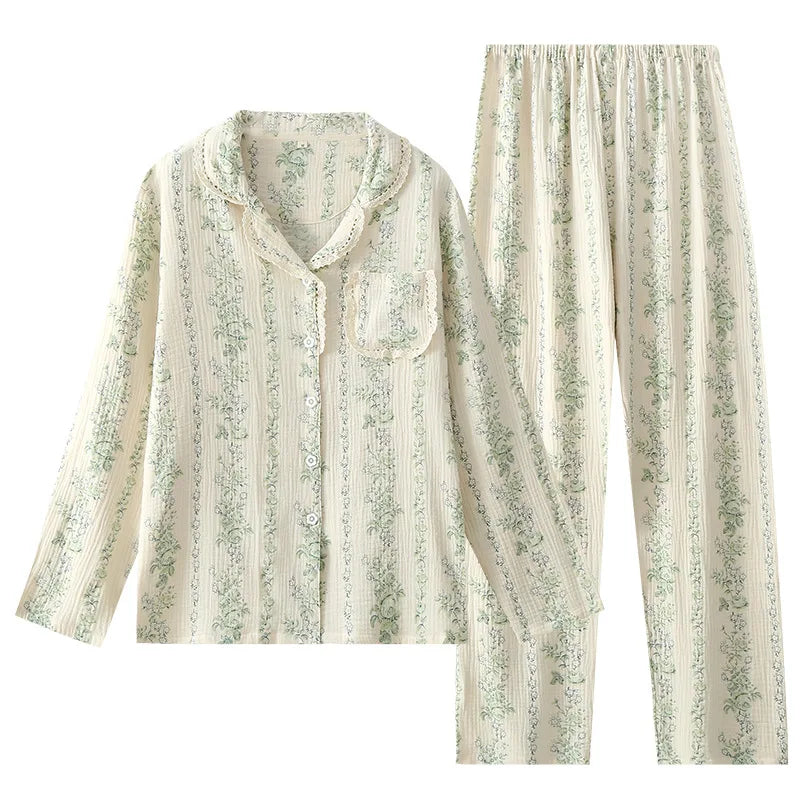 Summer women's 2-piece set of 100% pure cotton women's sleepwear bedroom set long sleeved+long pants women's sleepwear