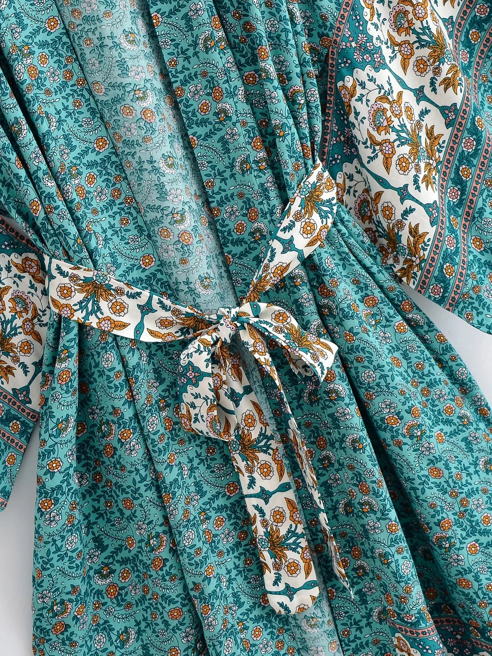 Happie Queens Women  Floral Print Sashes  Bohemian Kimono Ladies V Neck Batwing Sleeves Boho Maxi Dress Robe Bikini Cover-ups