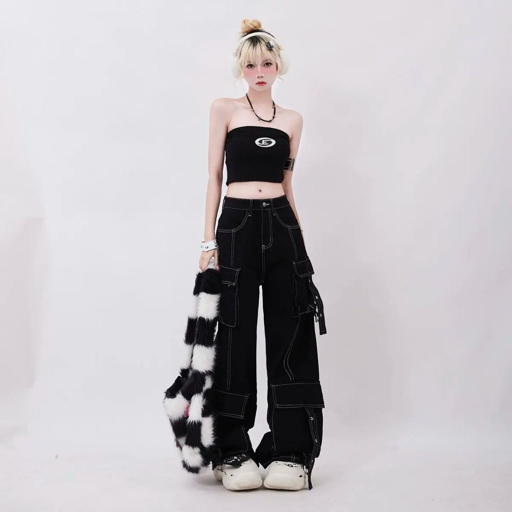ADAgirl Black Cargo Jeans Women Y2k Harajuku Vintage Baggy Pockets Korean Wide Leg Denim Pants Hip Hop Causal Female Trousers