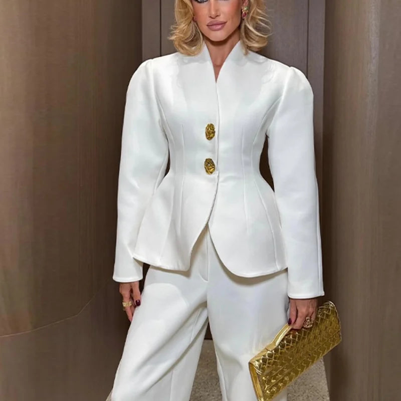 Fashion Solid V-neck Suit Casual Solid Long Sleeves Shoulder Pad Waist-cinching Pant Suit 2025 Autumn  Lady Daily Street Outfit
