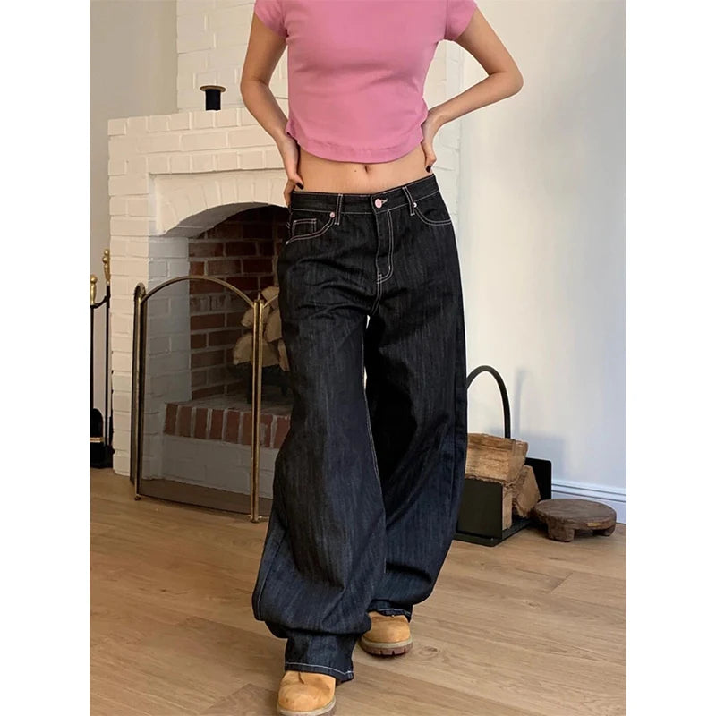 2025 Autumn Vintage 90s Punk Street Baggy Harajuku Jeans Women's Casual Mop Full Length Pants Y2K Aesthetic Style Denim Trouser