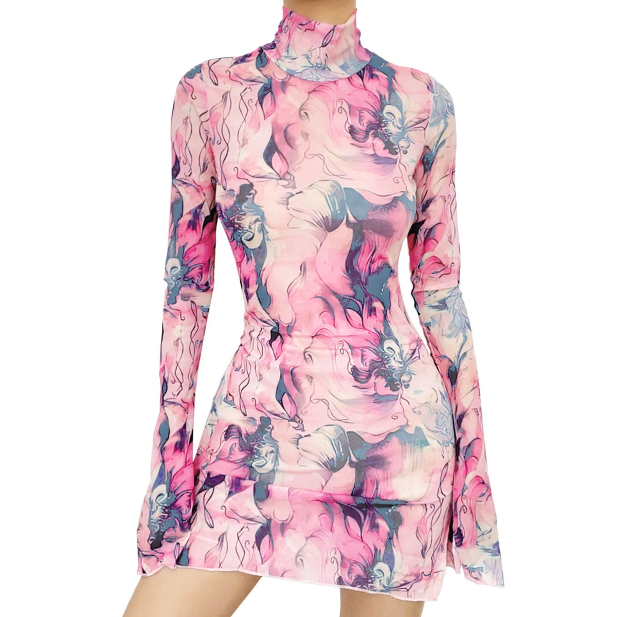 Ladies Mesh Printed Y2k Vintage Dress High Street Slim Elastic Bodycon Party Dress Round Neck Bell Sleeve Side Open Hip Dresses