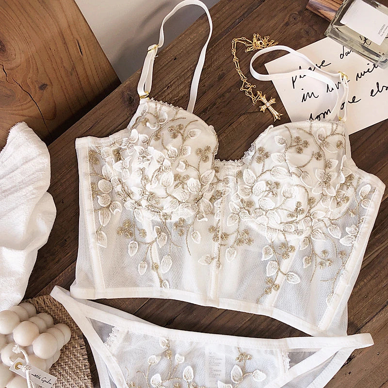 2 Pieces Sexy Lace Flowers Embroidery Underwear Set for Women French Body Shaping Push Up Bra Set Romantic White Lingerie Sets
