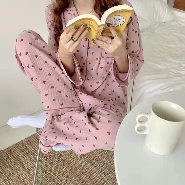 Cotton Women's Pajamas Korean Sleepwear Summer 2021 Pijama Heart Print Pyjamas Short Sleeve 2 Piece Set Suits Loungewear
