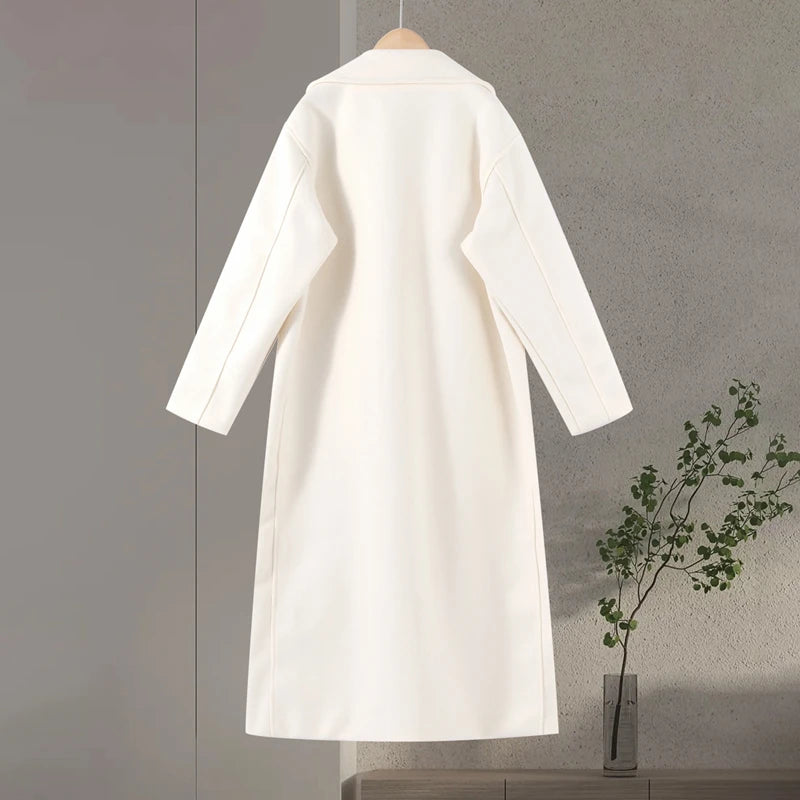 Elegant Stand Collar Long Woolen Coat Women Loose Full Sleeve Single Breast Warm Overcoat 2026 Spring Lady Outwear New