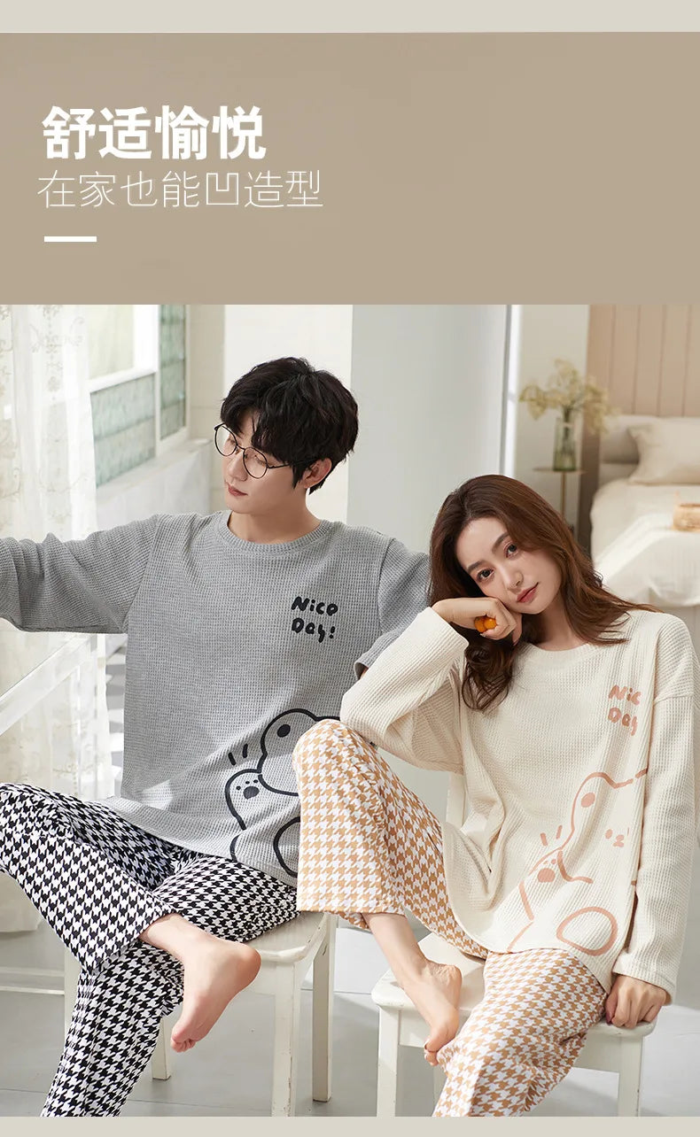 Couple Long Sleeves Sleepwear Autumn Winter Cotton Pajama Sets Print Pants Homewear Kawaii Clothes 2 Piece Sets Nightwear Lovers