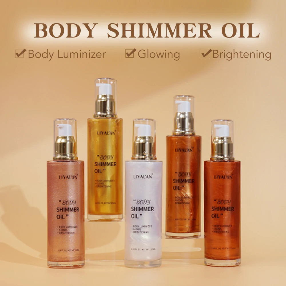100ml Body Shimmer Oil Highlighter Face Brighten Glitter Bronzer Pearl White Rose Gold Skin Glow Illuminator Makeup Shine Liquid