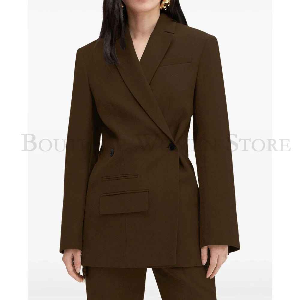 Elegant Brown Women Suits Formal Double Breasted Slim Fit Blazer Elegant Office Lady 2 Piece Jacket Pants Outfits Clothing