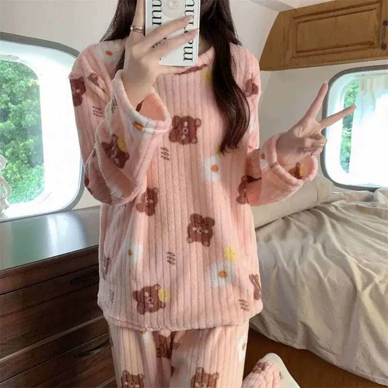2 Piece Set Warm Sleepwear for Winter Women Printed Bear Coral Velvet Pajamas Student Flannel Loungewear Round Neck Nightwear