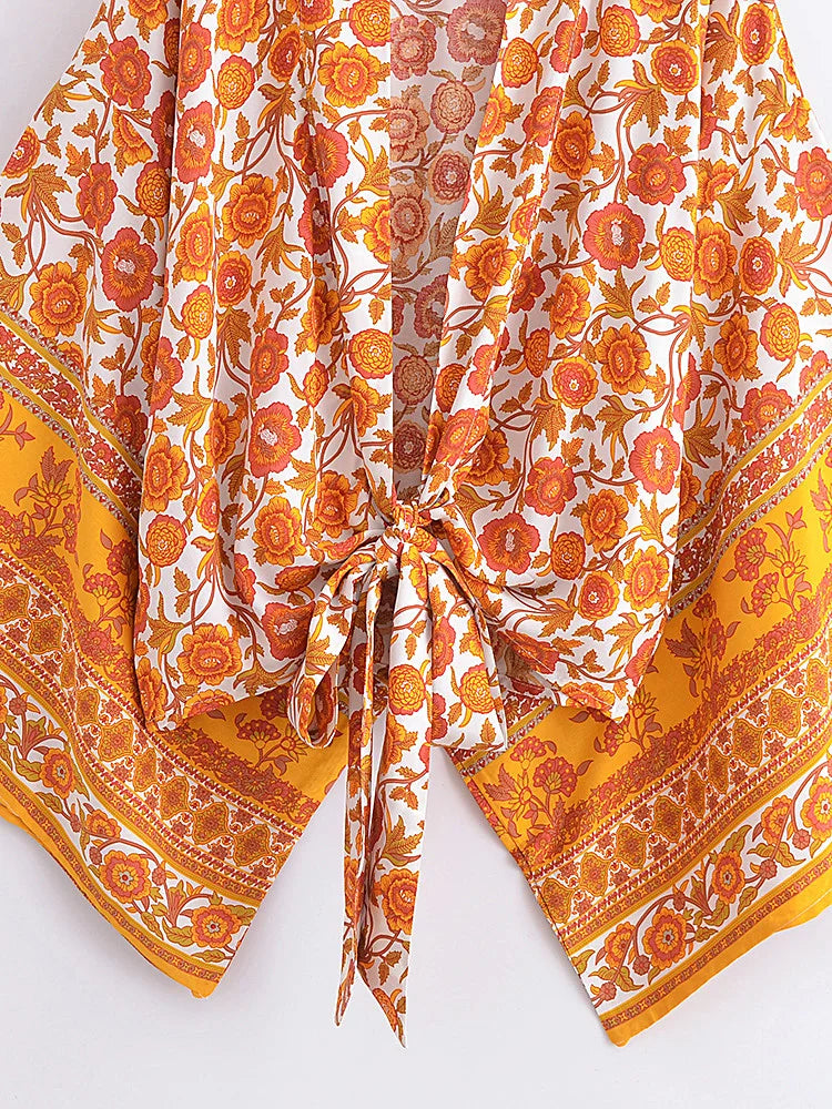 Vintage Women Fashion Boho Kimono Short Robe Swimsuits Floral Batwing Sleeves Rayon Bohemian Bikini Cover Ups Beachwear
