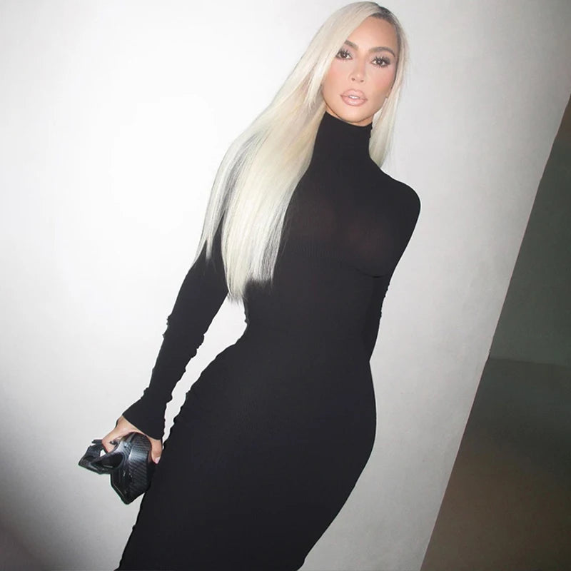 Fall Women Fashion Elegant  Solid Turtleneck Long Sleeve Sexy Bodycon Maxi Prom Dress  Outfit Evening Party Club