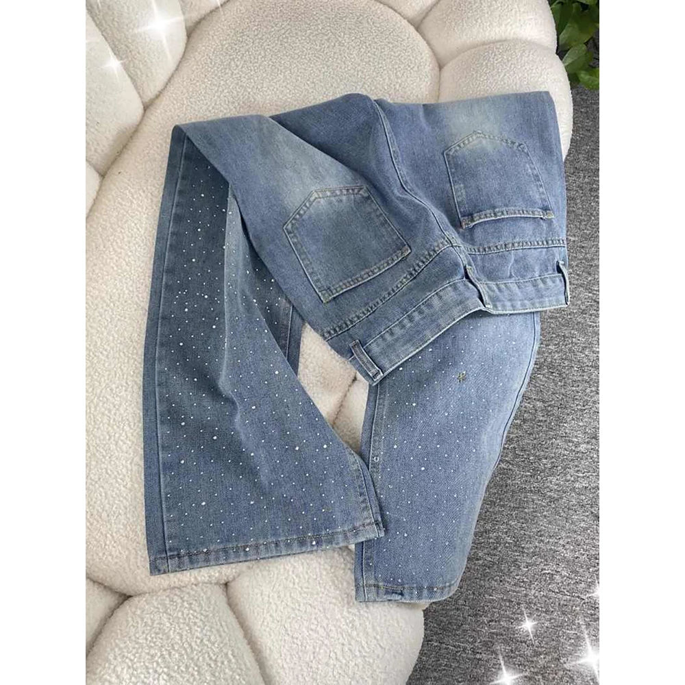 Shiny Diamond Bling Denim Pants Spring Autumn Women High Waist Straight Wide Leg Jeans Glitter Rivet Loose Blue Denim Pants ﻿