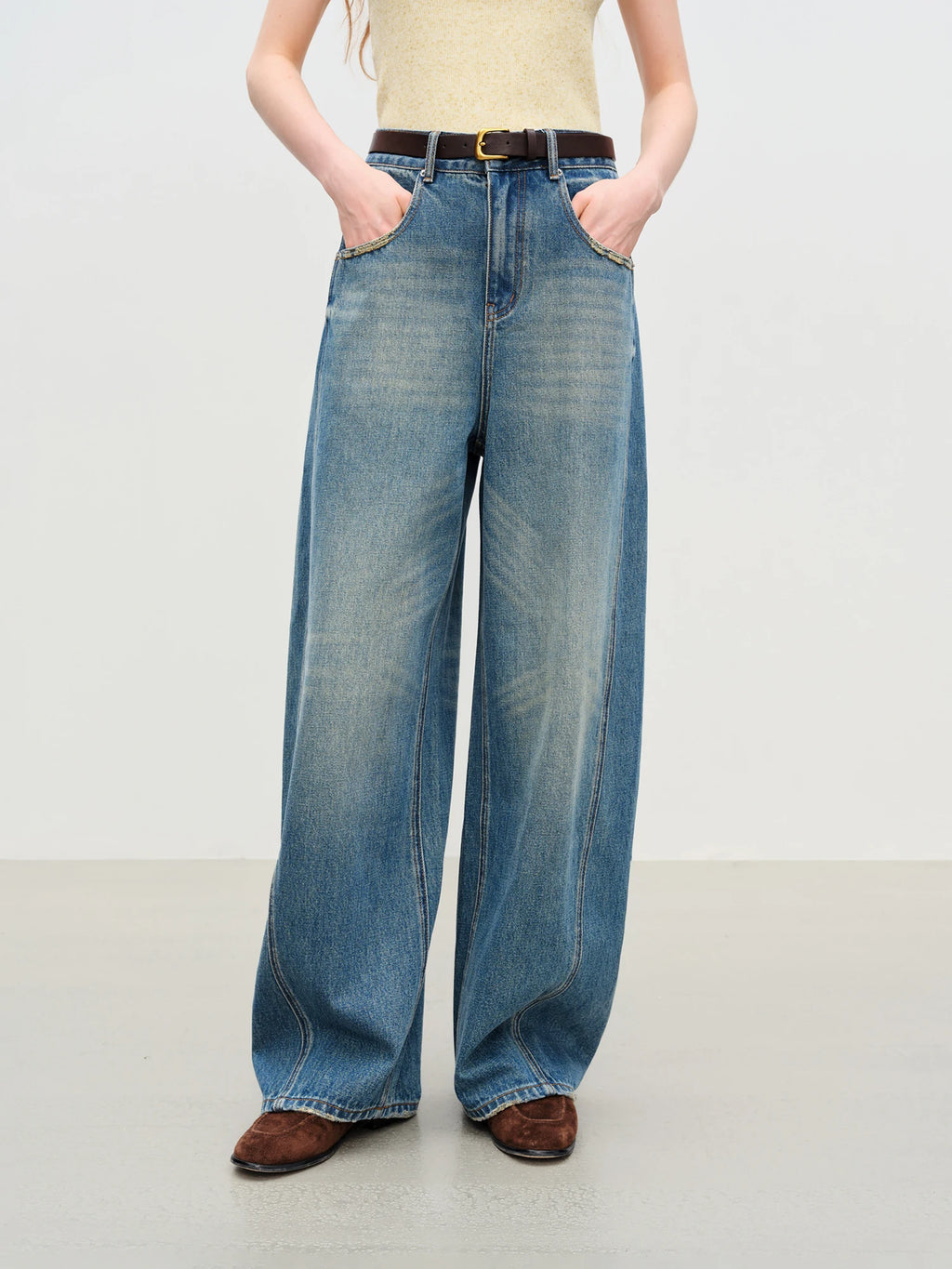 FSLE【Premium Series】New Women Retro Loose Flare Jeans High Waist Vintage Denim Pants Autumn Wide Leg Y2K Streetwear With Belt