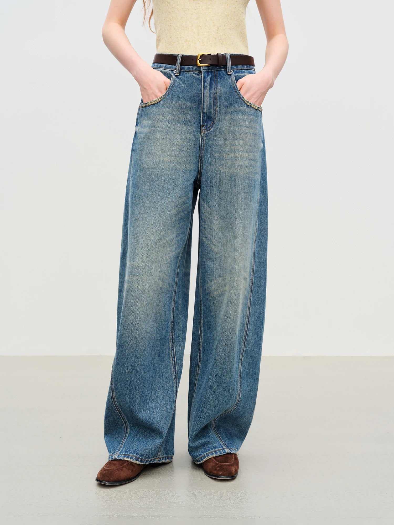 FSLE【Premium Series】New Women Retro Loose Flare Jeans High Waist Vintage Denim Pants Autumn Wide Leg Y2K Streetwear With Belt