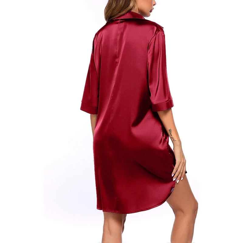 Elegant Satin Nightshirt Solid Lapel Button-Up Shirt Dress Breathable Fabric Smooth Texture Charming Women's Nightgown Sleepwear