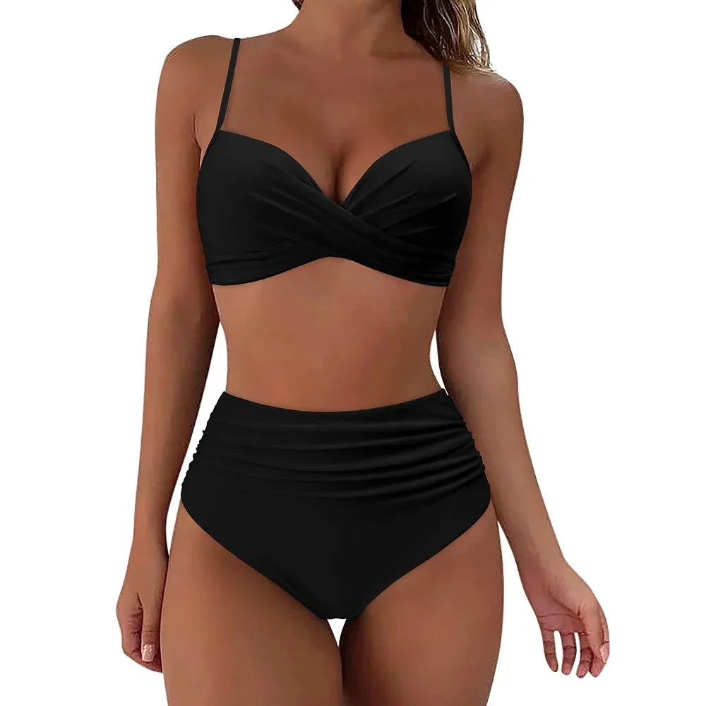 Slimming High Waist Bikini Set Women's Multi-Color Hard Bag Gathered Bikini Ideal for plus Size Swimsuits And Beachwear