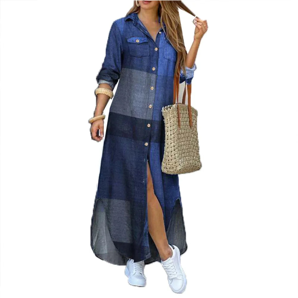 Camouflage Leopard Letters Floral Printed Dresses for Women 2025 Buttons Long Sleeve Loose Split Casual Solid Maxi Dress Robe