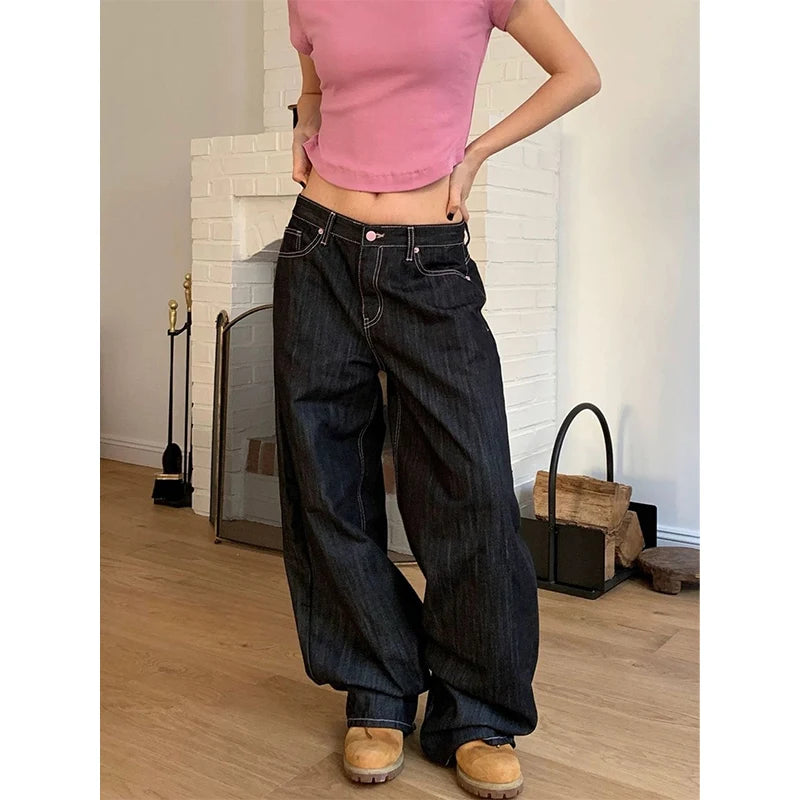 2025 Autumn Vintage 90s Punk Street Baggy Harajuku Jeans Women's Casual Mop Full Length Pants Y2K Aesthetic Style Denim Trouser
