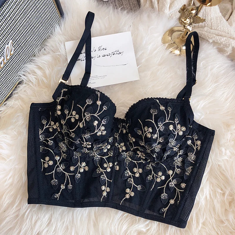 2 Pieces Sexy Lace Flowers Embroidery Underwear Set for Women French Body Shaping Push Up Bra Set Romantic White Lingerie Sets