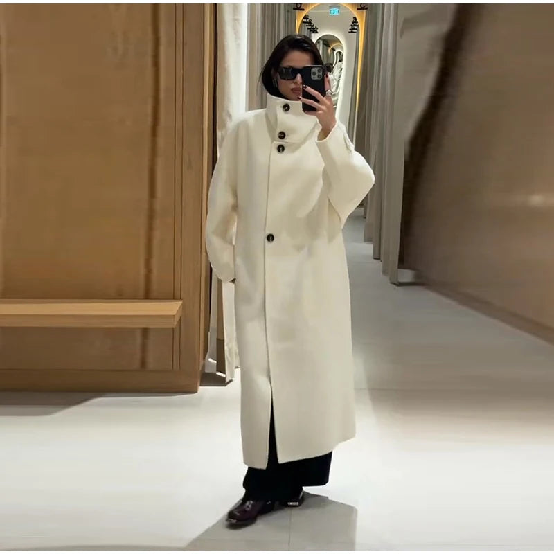 Elegant Stand Collar Long Woolen Coat Women Loose Full Sleeve Single Breast Warm Overcoat 2026 Spring Lady Outwear New
