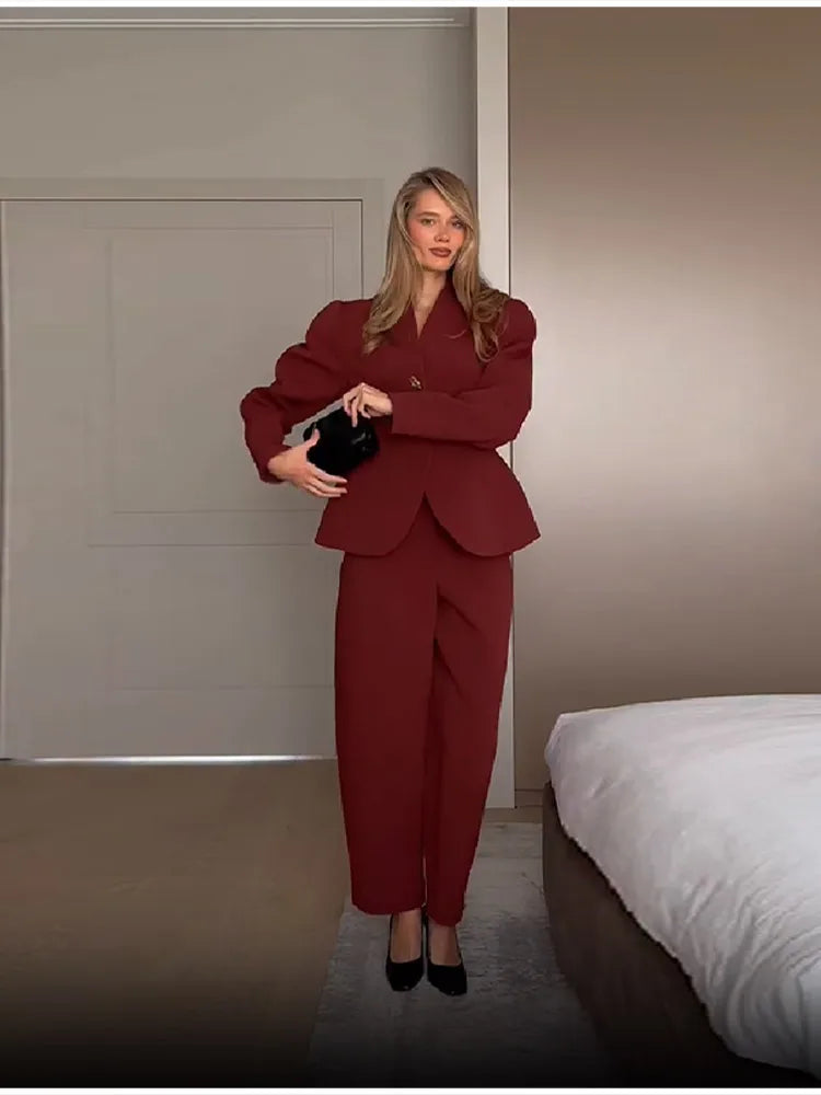 Fashion Solid V-neck Suit Casual Solid Long Sleeves Shoulder Pad Waist-cinching Pant Suit 2025 Autumn  Lady Daily Street Outfit