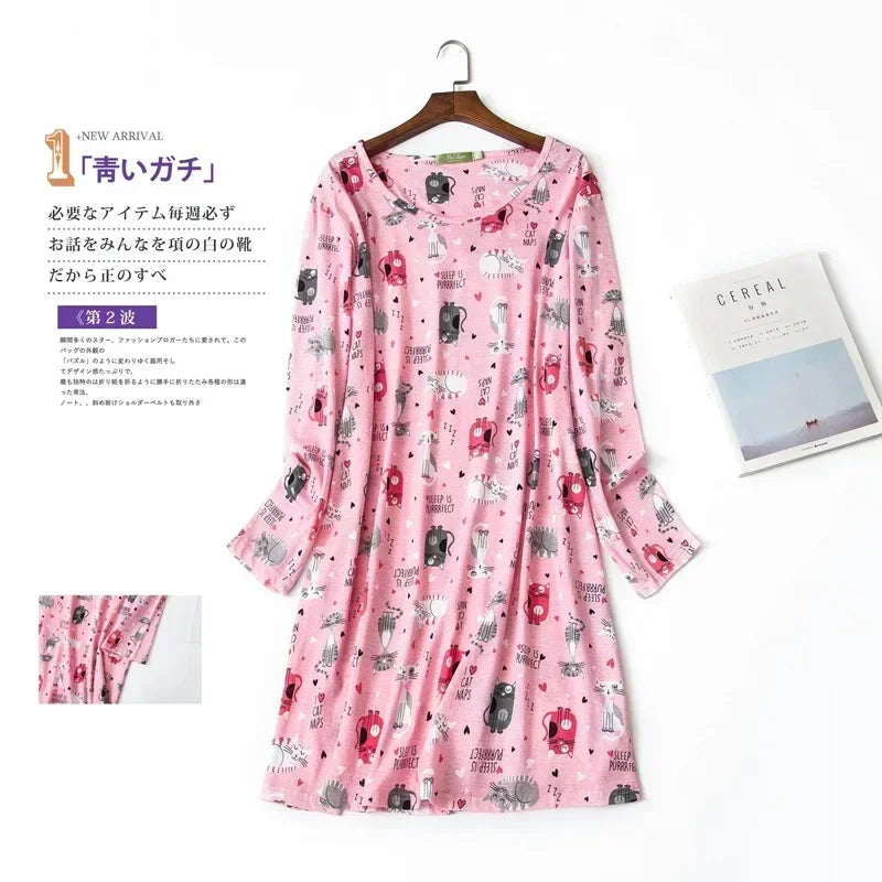 Knitted Cotton Women Plus Size Lingere Nightgown Loose Nightdress Long Sleeve Night Gown Cute Cartoon Home Dress Sexy Sleepwear