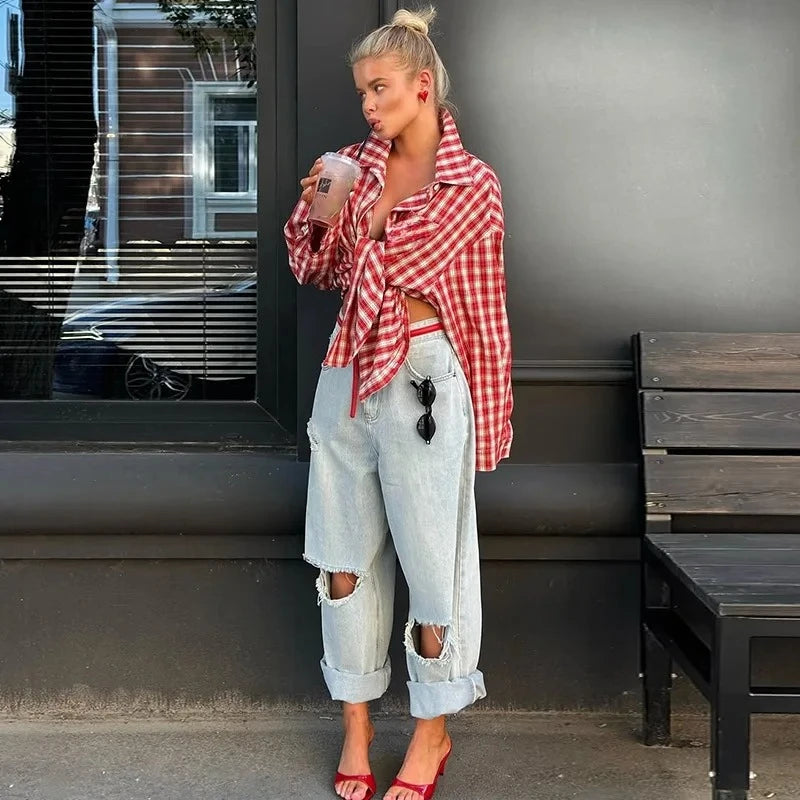 Women's Fall Summer 2025 New Fashion Retro Lapel Plaid Loose Red Long Sleeve Shirt Top