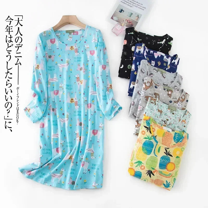 Knitted Cotton Women Plus Size Lingere Nightgown Loose Nightdress Long Sleeve Night Gown Cute Cartoon Home Dress Sexy Sleepwear