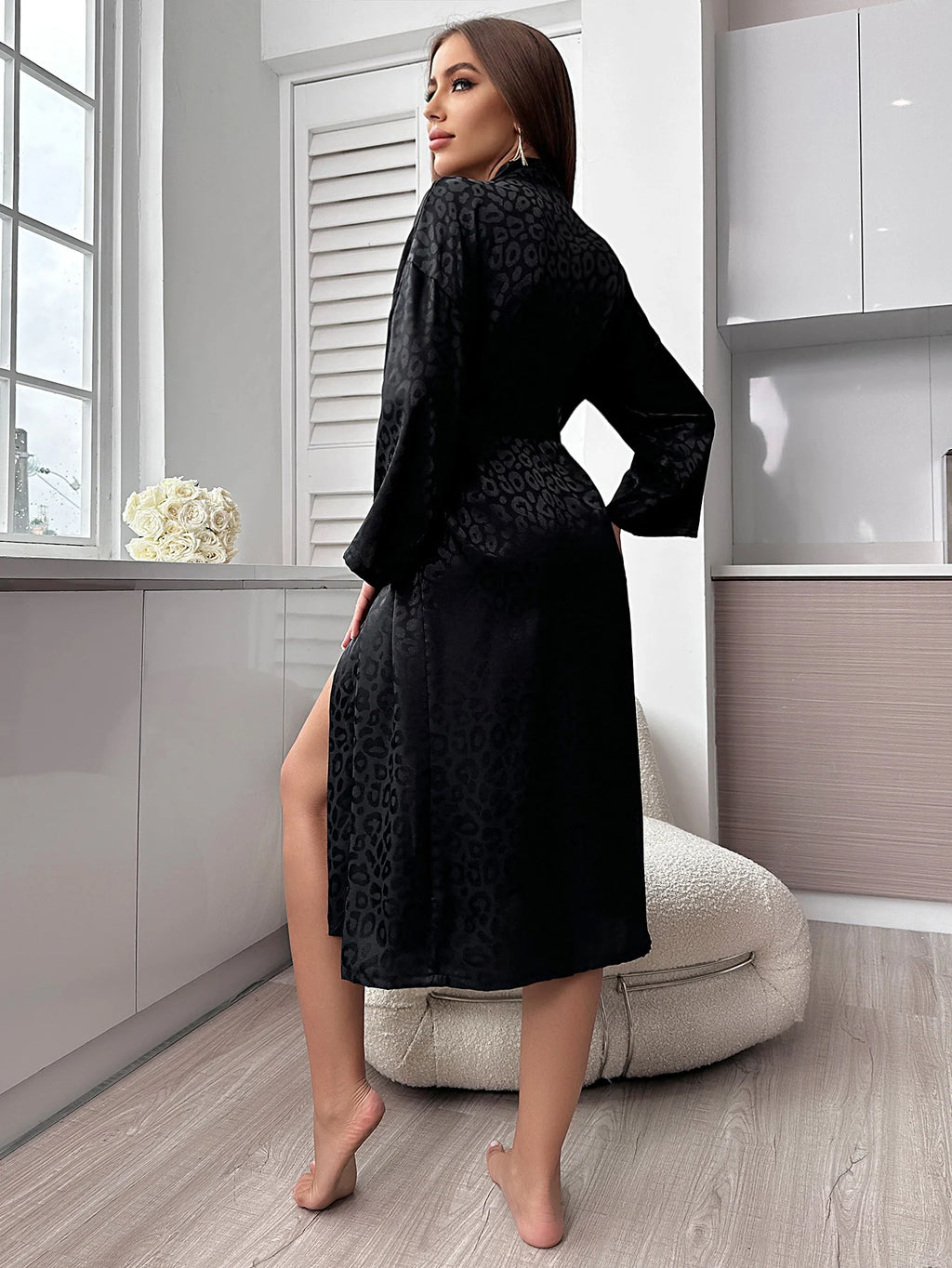 Leopard Print Night Robe Long Sleeve V Neck Robe With Belt  Women's Sleepwear