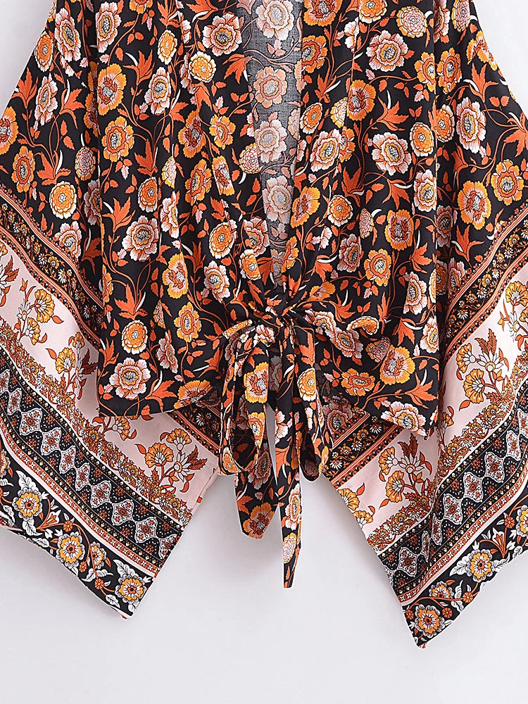 Vintage Women Fashion Boho Kimono Short Robe Swimsuits Floral Batwing Sleeves Rayon Bohemian Bikini Cover Ups Beachwear