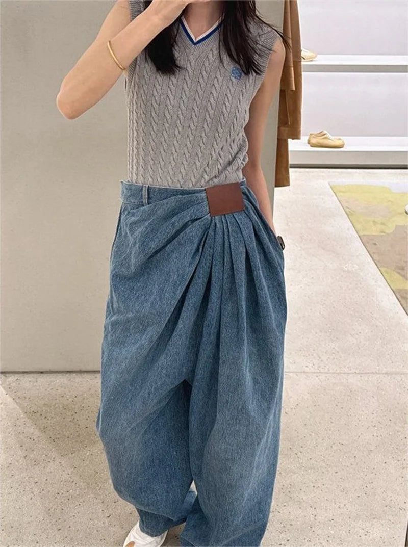 Limiguyue Luxury Brand Loose Pleated Casual Wide Leg Jeans Women Spring Autumn Mid Waist Denim Trousers Washed Long Pants 231A
