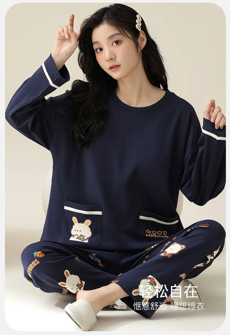 SUKAE M-5XL Big Size Women Pajama Set Autumn Winter New Cotton Long Sleeves Woman Sleepwear Casual Girl Pijama Cartoon Nightwear